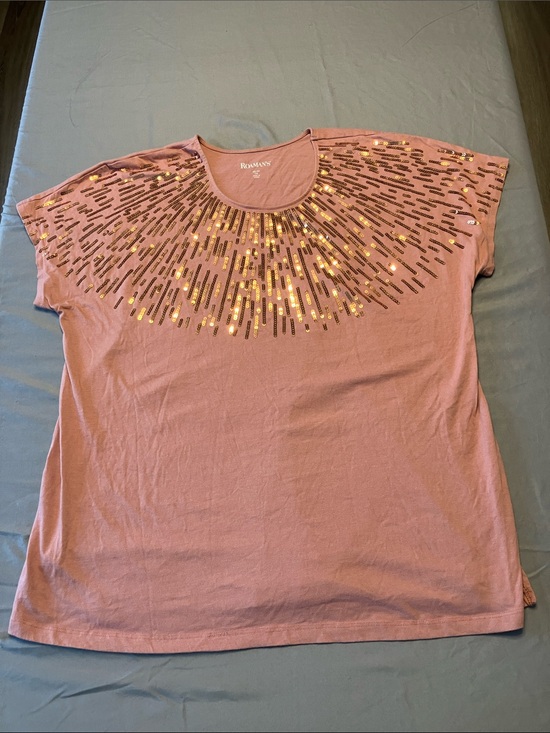 Roaman's Tops - Roaman's Rose Pink Short-Sleeve Tee with Gold Sequin Radiance